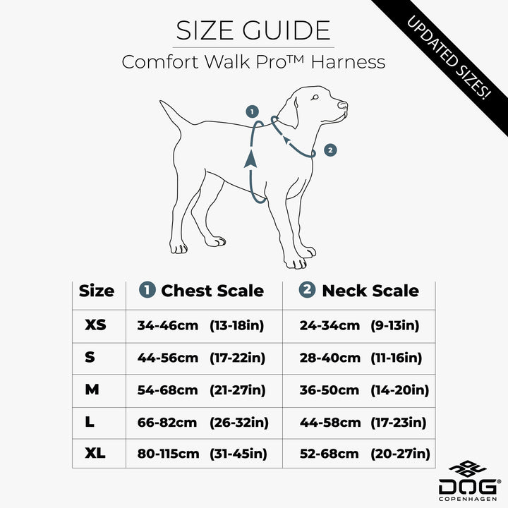 Size guide for Comfort Walk Pro dog harness with a diagram of a dog wearing the harness.
