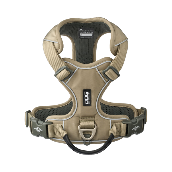 Tan dog harness with brand logo on a white background