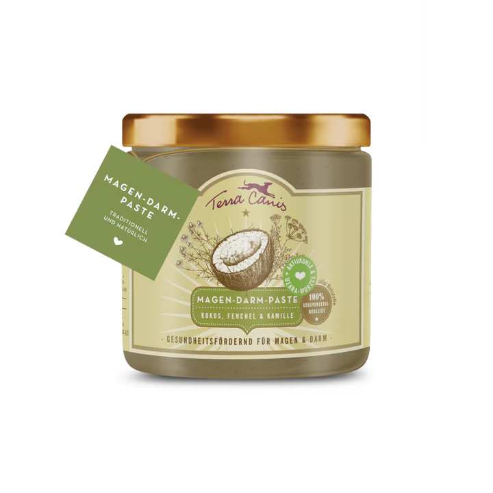 Jar of Terra Canis Magen-Darm Paste with a green label on a white background